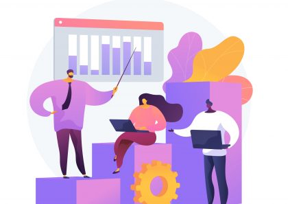 Business innovation presentation. Analytics report, statistics chart, forkflow. Analysts and team leader cartoon characters standing on growing graph. Vector isolated concept metaphor illustration.